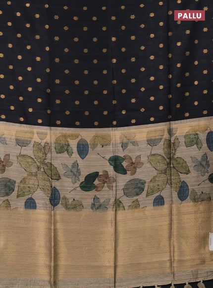 Art dupion saree black and beige with allover zari woven buttas and printed pallu