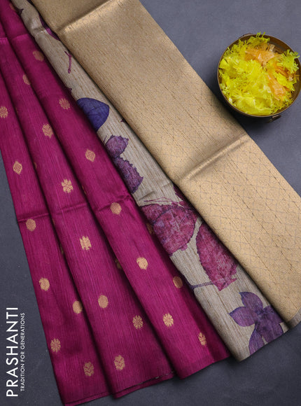 Art dupion saree dark magenta and beige with allover zari woven buttas and printed pallu
