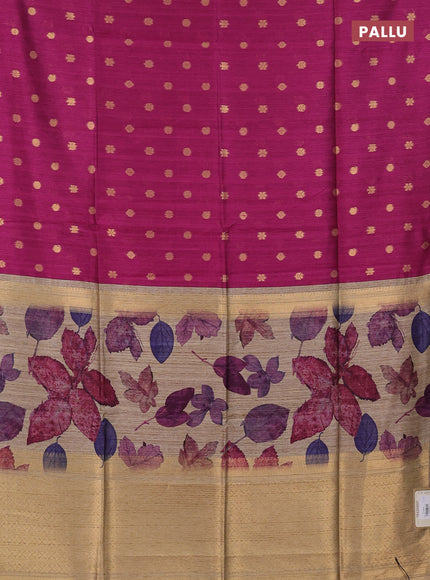 Art dupion saree dark magenta and beige with allover zari woven buttas and printed pallu