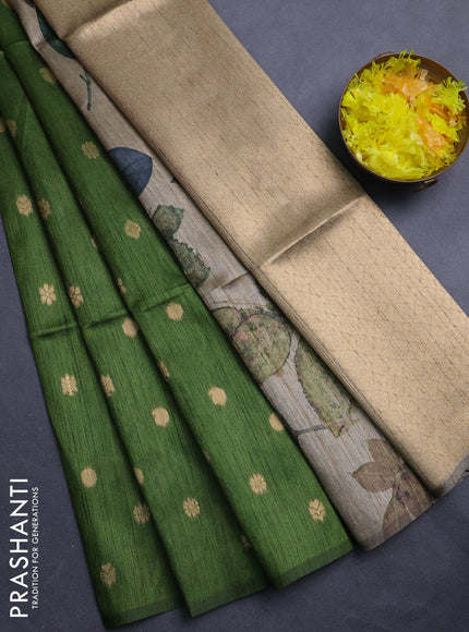 Art dupion saree sap green and beige with allover zari woven buttas and printed pallu