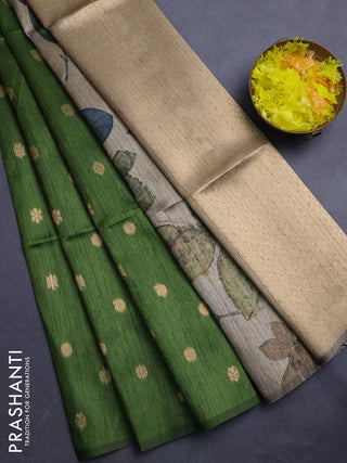 Art dupion saree sap green and beige with allover zari woven buttas and printed pallu