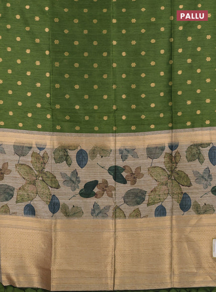 Art dupion saree sap green and beige with allover zari woven buttas and printed pallu