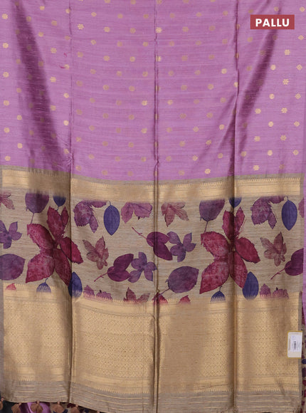 Art dupion saree mauve pink and beige with allover zari woven buttas and printed pallu
