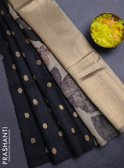 Art dupion saree black and beige with allover zari woven buttas and printed pallu