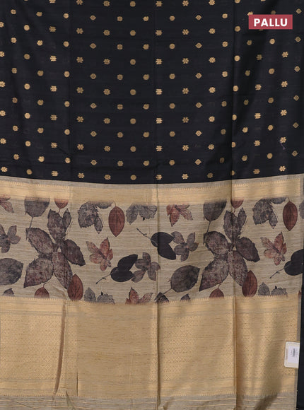 Art dupion saree black and beige with allover zari woven buttas and printed pallu