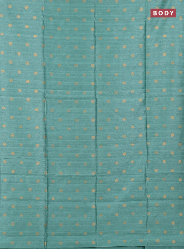 Art dupion saree teal green and beige with allover zari woven buttas and printed pallu
