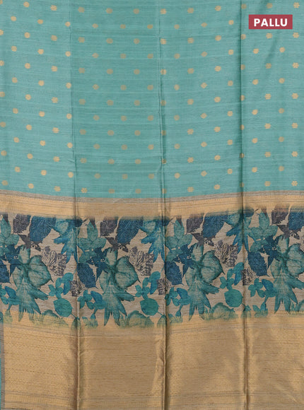 Art dupion saree teal green and beige with allover zari woven buttas and printed pallu