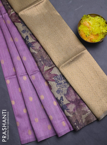 Art dupion saree lavender and beige with allover zari woven buttas and printed pallu