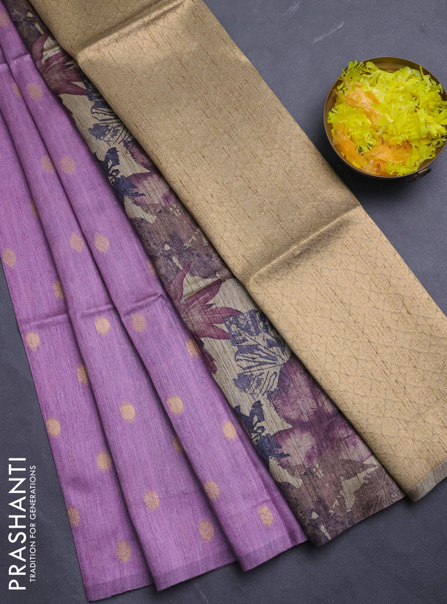 Art dupion saree lavender and beige with allover zari woven buttas and printed pallu