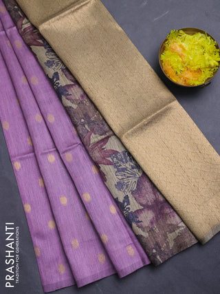 Art dupion saree lavender and beige with allover zari woven buttas and printed pallu