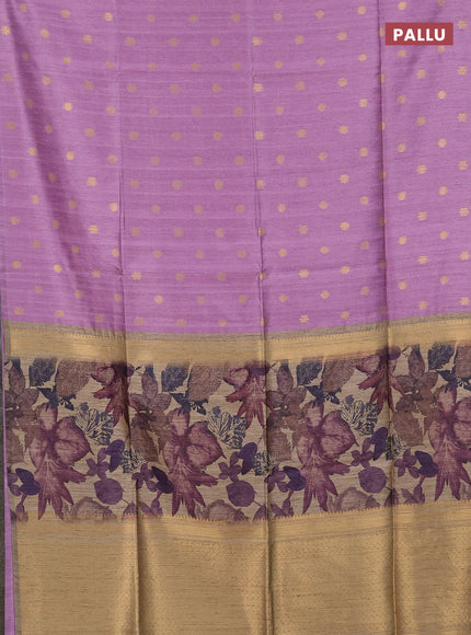 Art dupion saree lavender and beige with allover zari woven buttas and printed pallu