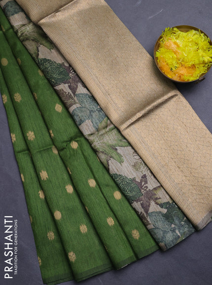 Art dupion saree mehendi green and beige with allover zari woven buttas and printed pallu