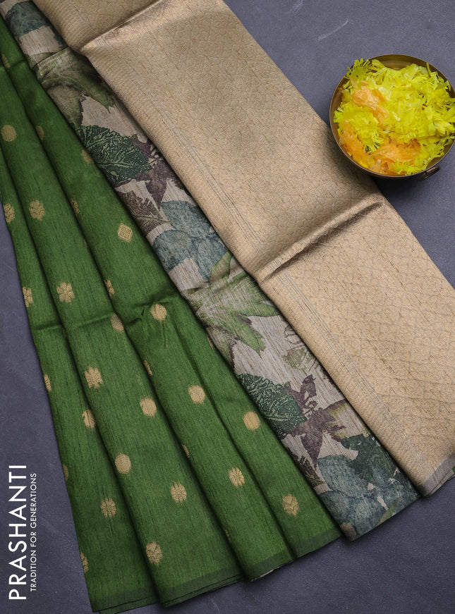 Art dupion saree mehendi green and beige with allover zari woven buttas and printed pallu