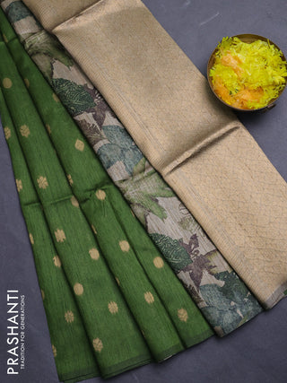 Art dupion saree mehendi green and beige with allover zari woven buttas and printed pallu