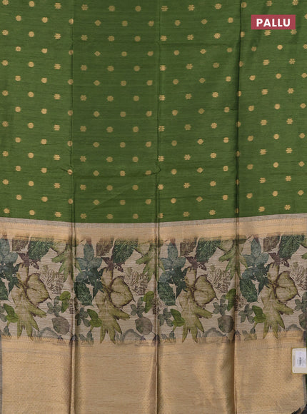 Art dupion saree mehendi green and beige with allover zari woven buttas and printed pallu
