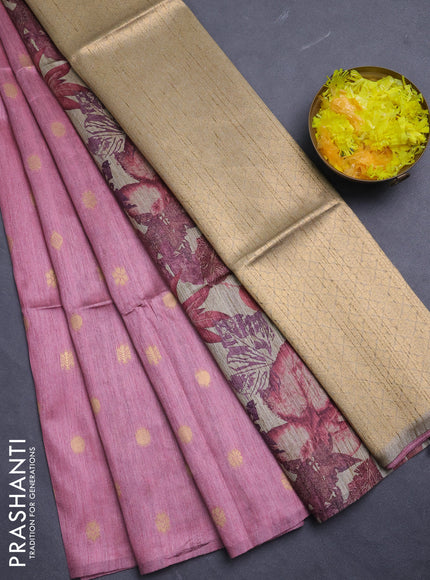Art dupion saree mauve pink and beige with allover zari woven buttas and printed pallu