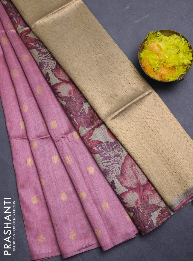 Art dupion saree mauve pink and beige with allover zari woven buttas and printed pallu