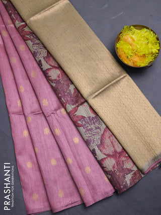 Art dupion saree mauve pink and beige with allover zari woven buttas and printed pallu