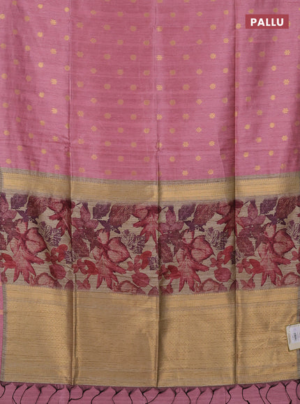 Art dupion saree mauve pink and beige with allover zari woven buttas and printed pallu