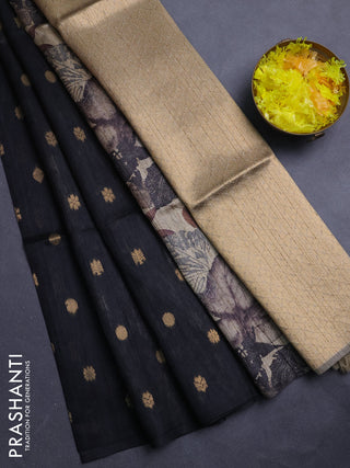 Art dupion saree black and beige with allover zari woven buttas and printed pallu