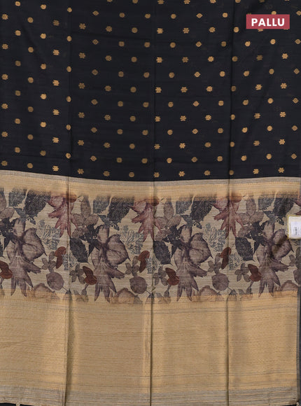 Art dupion saree black and beige with allover zari woven buttas and printed pallu