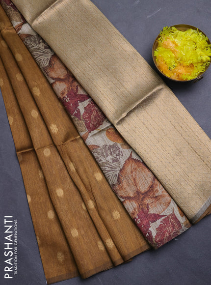 Art dupion saree dark mustard and beige with allover zari woven buttas and printed pallu