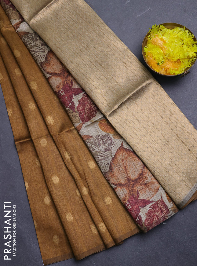 Art dupion saree dark mustard and beige with allover zari woven buttas and printed pallu