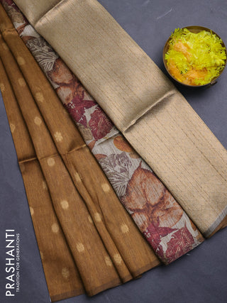 Art dupion saree dark mustard and beige with allover zari woven buttas and printed pallu