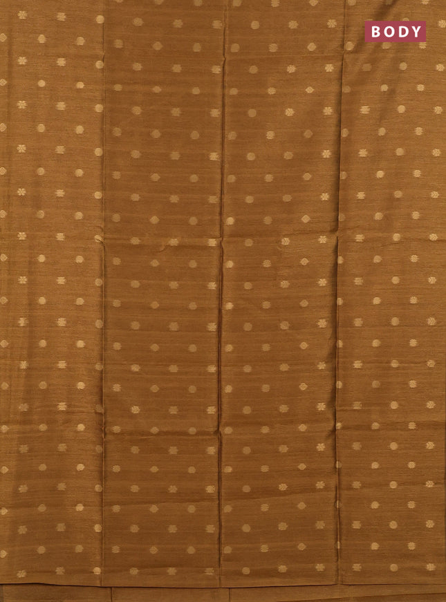 Art dupion saree dark mustard and beige with allover zari woven buttas and printed pallu