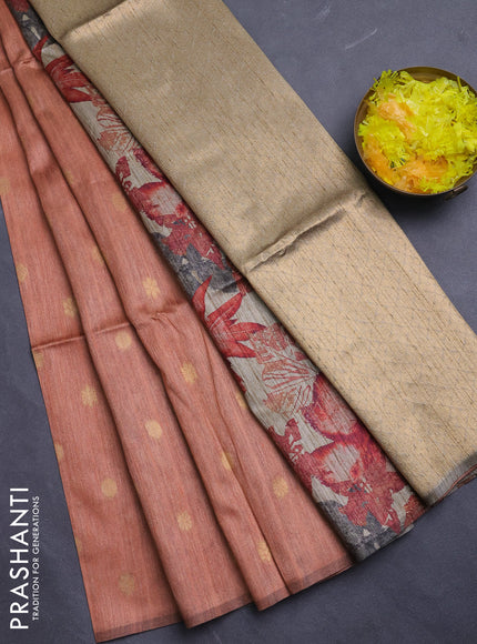 Art dupion saree orange shade and beige with allover zari woven buttas and printed pallu