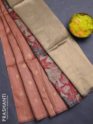 Art dupion saree orange shade and beige with allover zari woven buttas and printed pallu