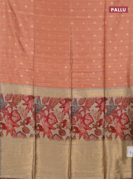 Art dupion saree orange shade and beige with allover zari woven buttas and printed pallu