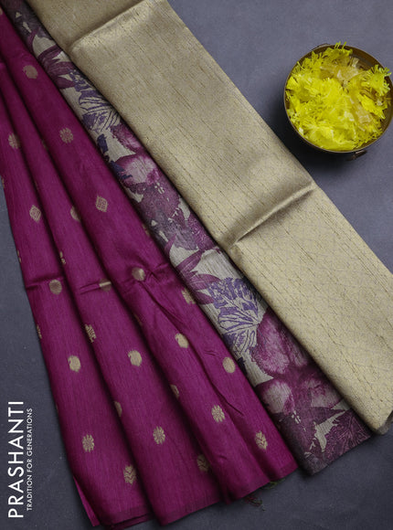 Art dupion saree dark magenta and beige with allover zari woven buttas and printed pallu