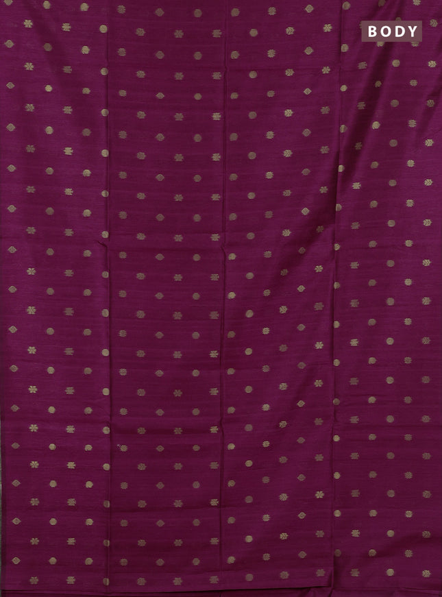 Art dupion saree dark magenta and beige with allover zari woven buttas and printed pallu