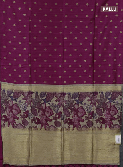 Art dupion saree dark magenta and beige with allover zari woven buttas and printed pallu