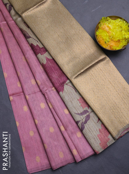 Art dupion saree peach pink and beige with allover zari woven buttas and printed pallu