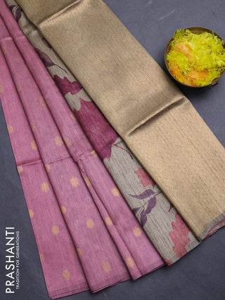 Art dupion saree peach pink and beige with allover zari woven buttas and printed pallu