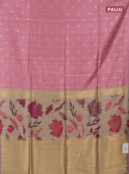 Art dupion saree peach pink and beige with allover zari woven buttas and printed pallu