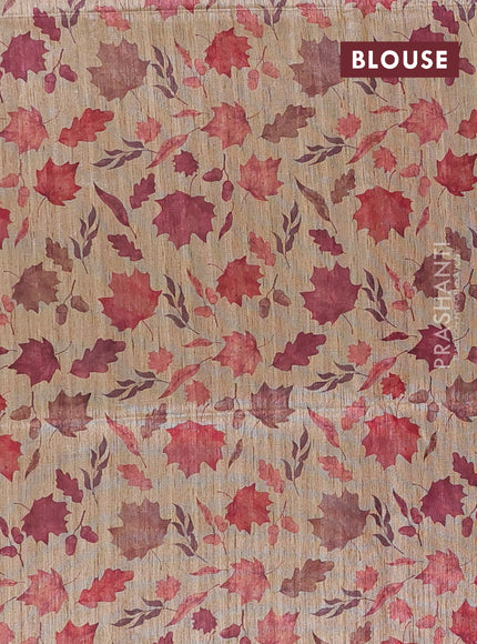 Art dupion saree peach pink and beige with allover zari woven buttas and printed pallu