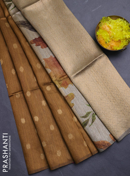 Art dupion saree dark mustard and beige with allover zari woven buttas and printed pallu