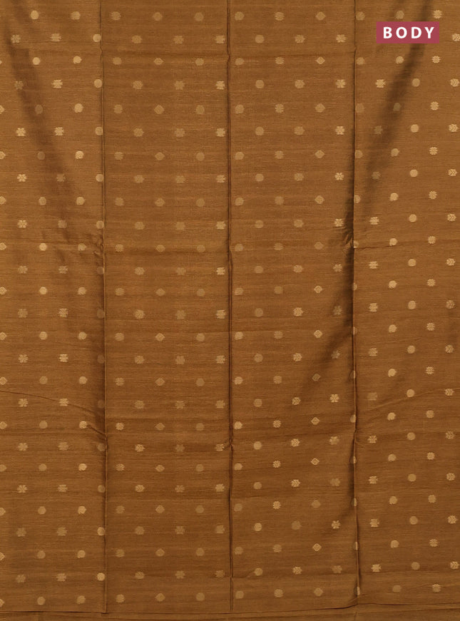 Art dupion saree dark mustard and beige with allover zari woven buttas and printed pallu