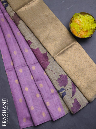 Art dupion saree lavender and beige with allover zari woven buttas and printed pallu
