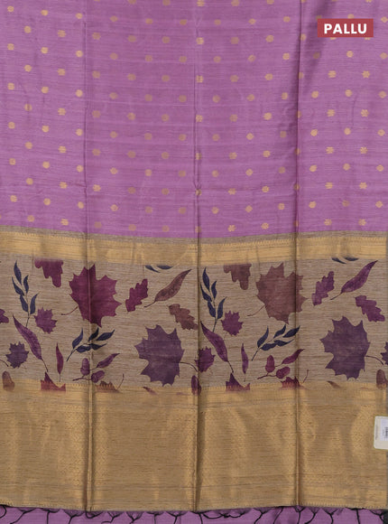 Art dupion saree lavender and beige with allover zari woven buttas and printed pallu