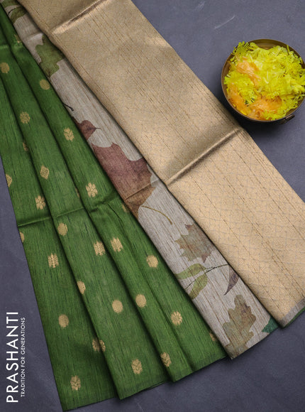Art dupion saree green and beige with allover zari woven buttas and printed pallu