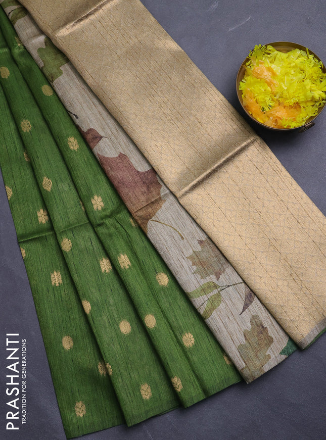 Art dupion saree green and beige with allover zari woven buttas and printed pallu