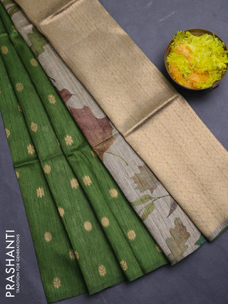 Art dupion saree green and beige with allover zari woven buttas and printed pallu