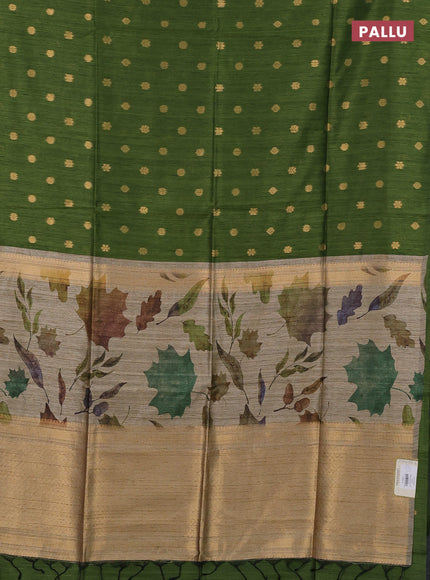 Art dupion saree green and beige with allover zari woven buttas and printed pallu