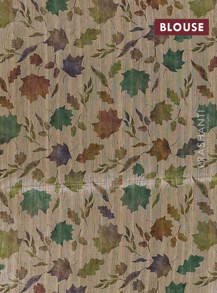 Art dupion saree green and beige with allover zari woven buttas and printed pallu