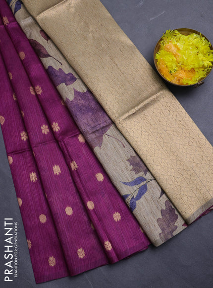 Art dupion saree dark magenta and beige with allover zari woven buttas and printed pallu