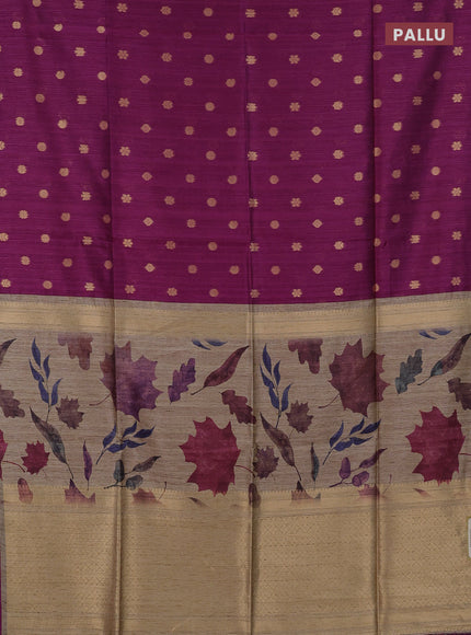 Art dupion saree dark magenta and beige with allover zari woven buttas and printed pallu